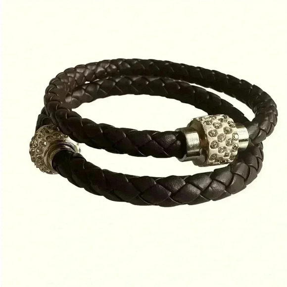 Two bangle bracelets with rhinestones women’s jewelry brown faux leather - Picture 1 of 3